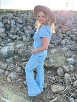 light wash denim flared jumpsuit 