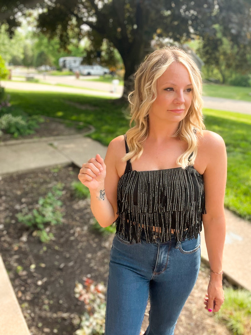 Crop top tank top with rhinestone fringe detail 