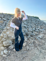 dark wash denim flared jumpsuit 