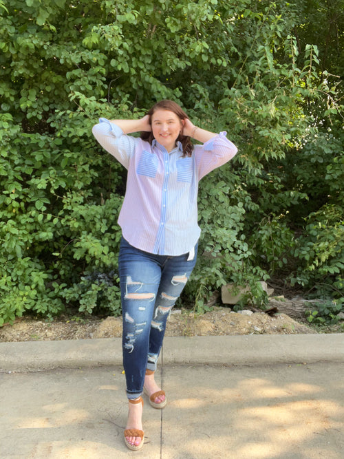 colorblock striped button up shirt in blue and lavender