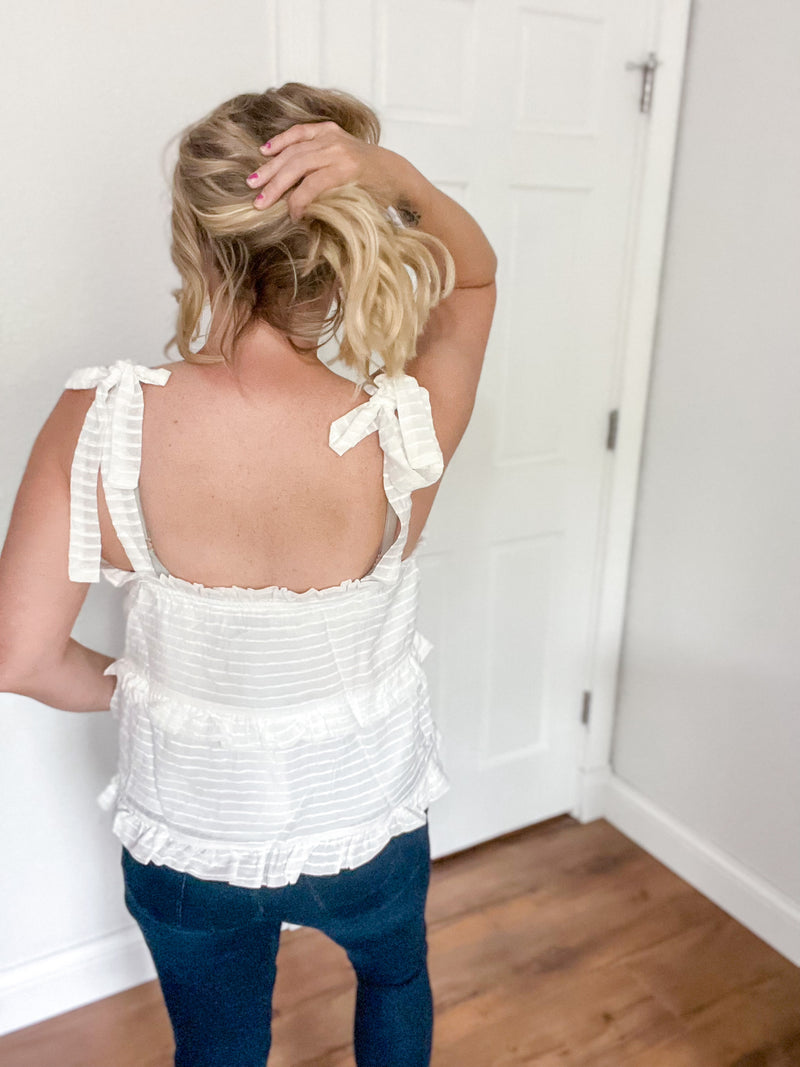 Gilli tiered ruffle top with self tie straps in white