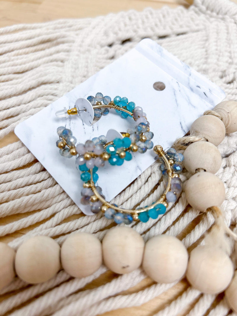 turquoise glass bead flower hoop earrings 