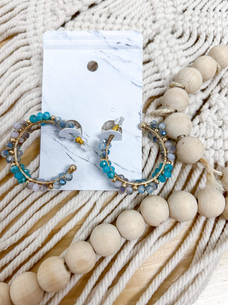 turquoise flower glass bead hoop earrings 
