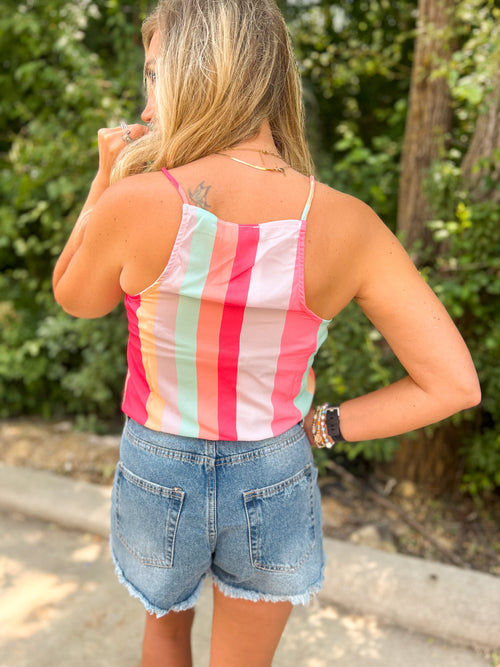Bibi multi stripe woven tank top with pink, coral, mint, and lavender stripes and spaghetti straps