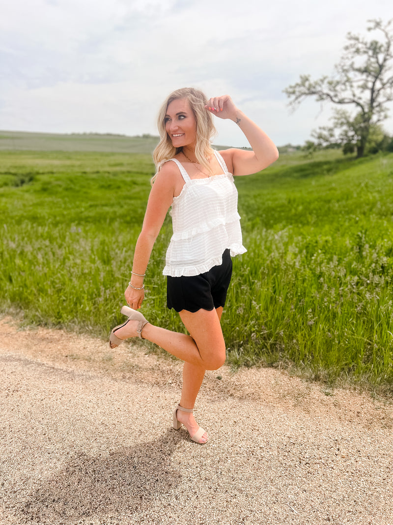 Gilli tiered ruffle top with self tie straps in white