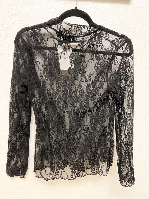 floral print sheer lace long sleeve top black 