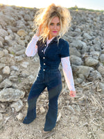dark wash denim flared jumpsuit 