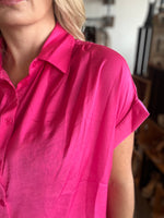 Hot Pink Satin Short Sleeve Button Down Blouse