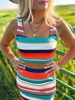 le lis stripped crop tank top in white, orange, navy, and teal