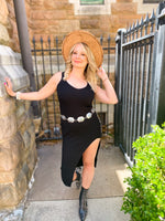 black stretchy knit dress with high side slit 