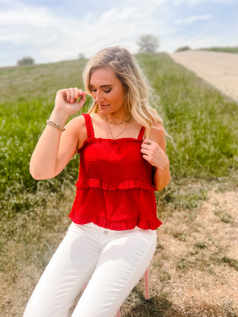 Gilli tiered ruffle top with self tie straps in red