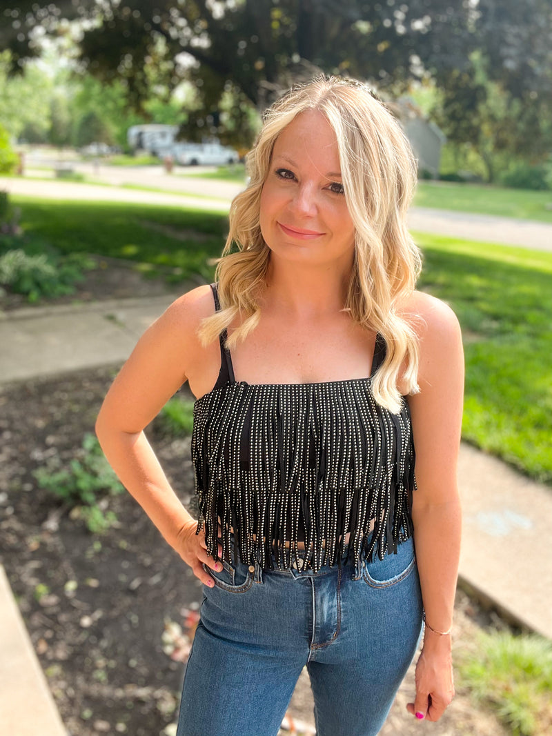 Crop top tank top with rhinestone fringe detail 