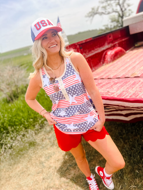 Patriotic henley tank top with stars and stripes 
