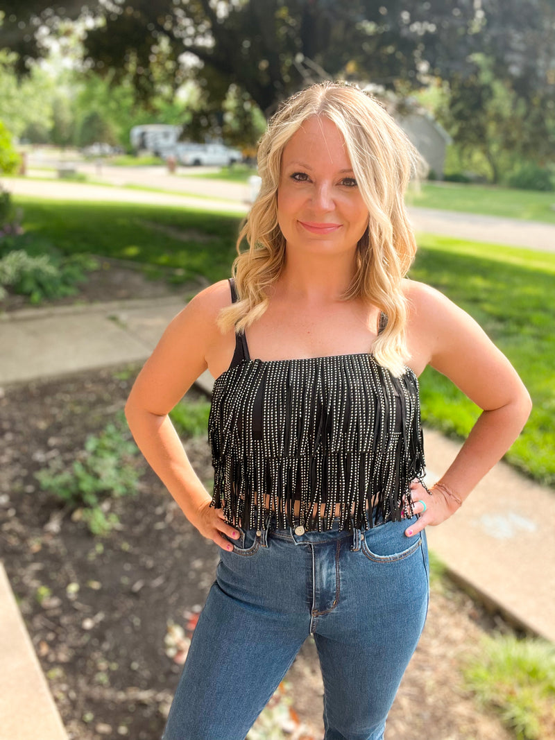 Crop top tank top with rhinestone fringe detail 