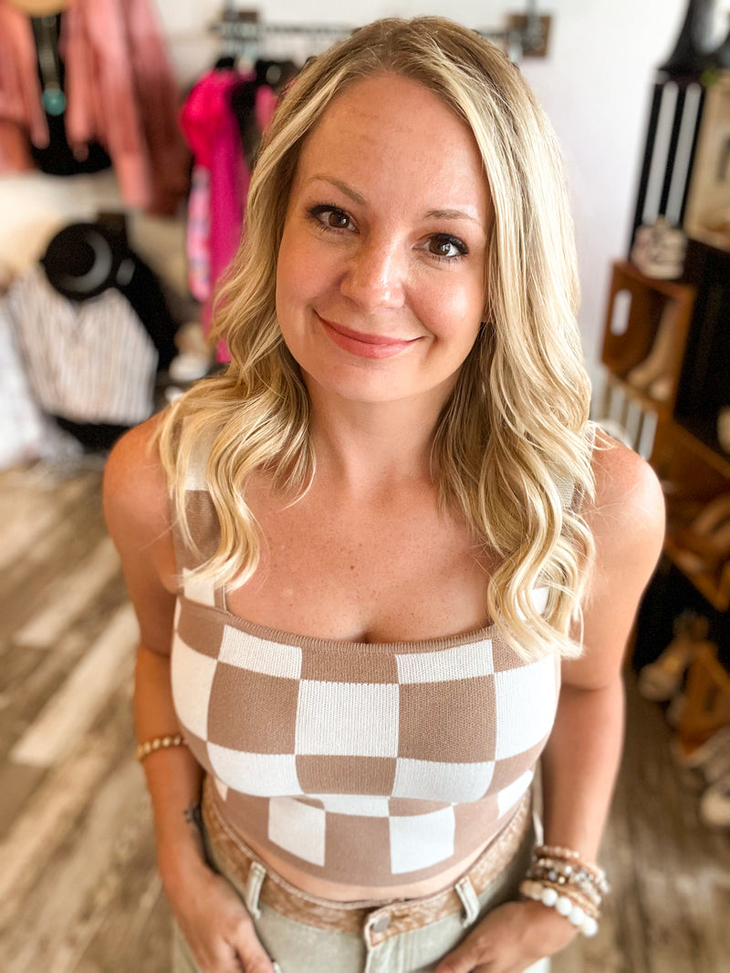 Checkered Crop Knit Tank Top