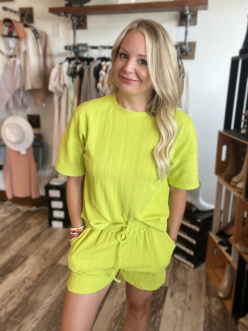 Tawny Textured 2 Piece Short Sleeve and short set in lime
