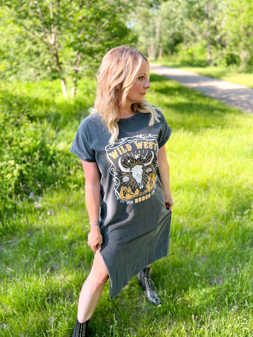 Charcoal maxi graphic tee dress. Wild west rodeo with high side slits 