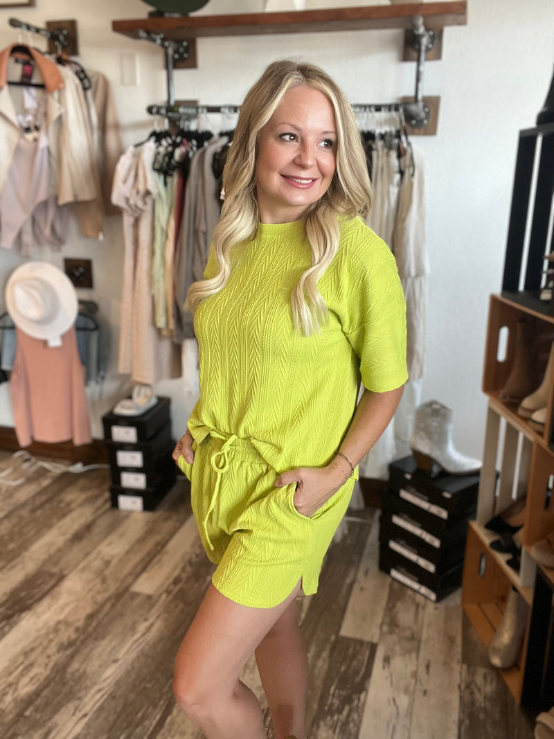Tawny Textured 2 Piece Short Sleeve and short set in lime
