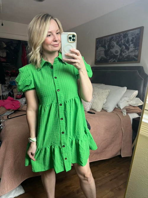 checkered tiered button down dress with collar in green