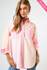 colorblock striped button up shirt in pink and orange