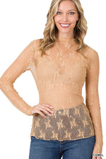 Zenana sheer lace long sleeve top nude