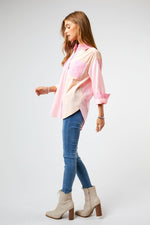 colorblock striped button up shirt in pink and orange