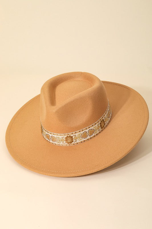 Embroidered Strap Fedora Hat