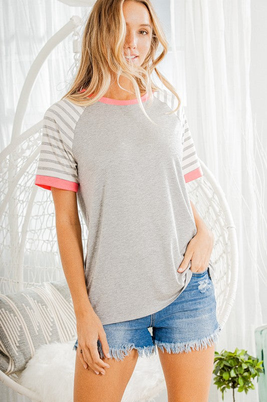 Syd Crew Neck Tee with Striped Sleeves