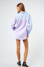 colorblock striped button up shirt in blue and lavender