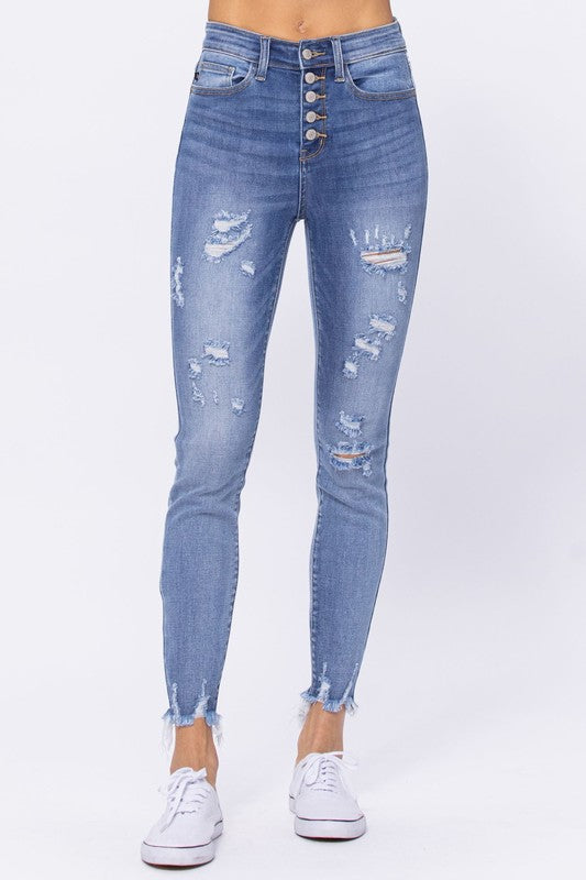 Hi-Rise Skinny Destroyed Buttonfly Jeans