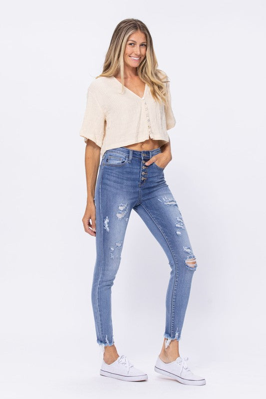 Hi-Rise Skinny Destroyed Buttonfly Jeans