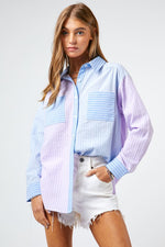 colorblock striped button up shirt in blue and lavender