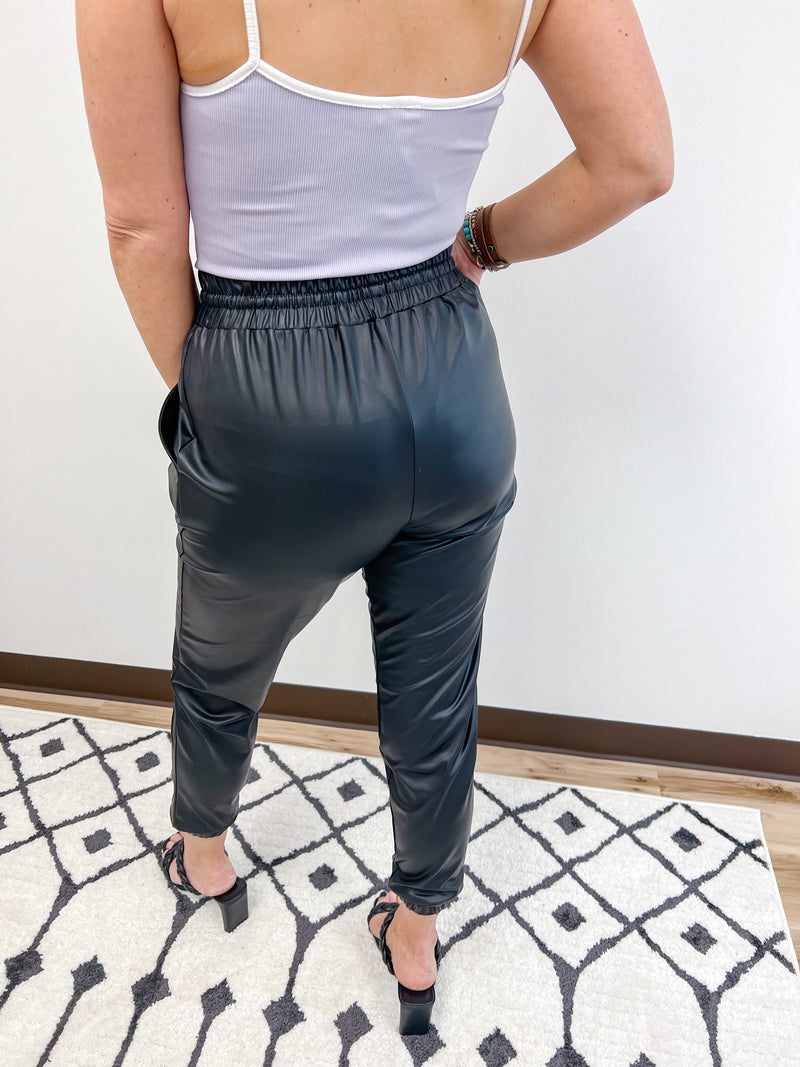 Black Faux Leather Joggers with Elastic Waistband