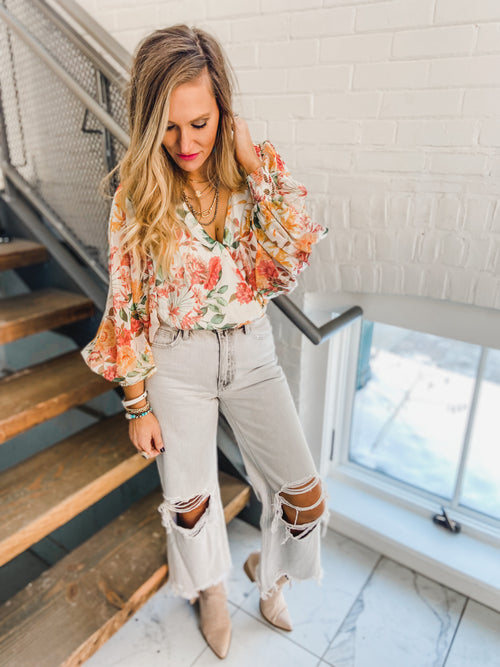 floral surplice blouse in white