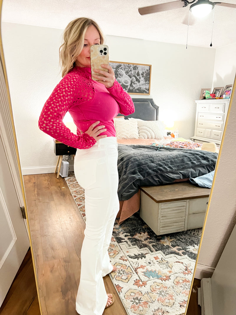 High Rise Button Up White Flares