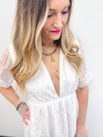 Deep V-neck white lace maxi dress