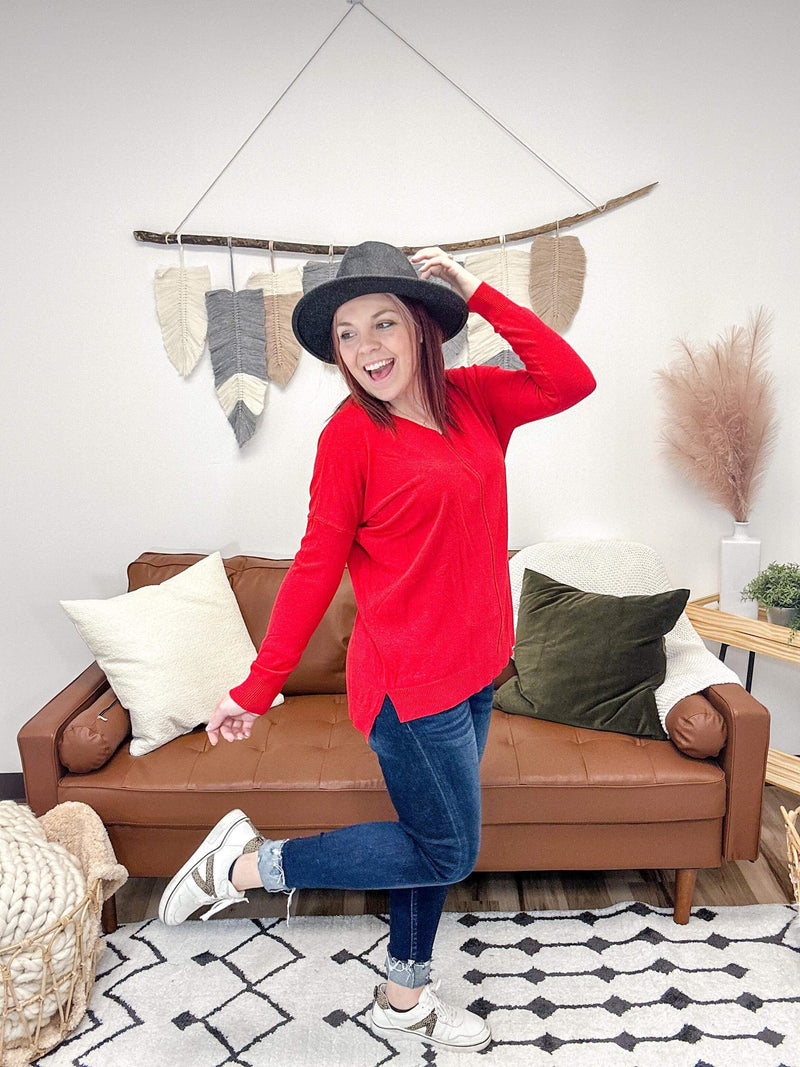 Red high-low tunic sweater