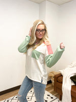 lightweight, relaxed fit long sleeve top with sage and coral sleeves 
