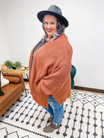 Rust colored Rose Open Knit Cardigan for curvy women with knitted detail on front side and pockets