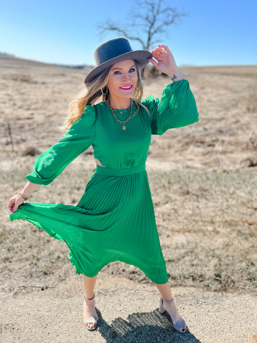 Kelly Green Long Sleeve Midi dress with pleated skirt and side cutouts