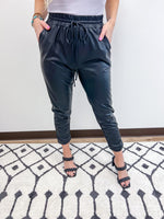 Black Faux Leather Joggers with Elastic Waistband