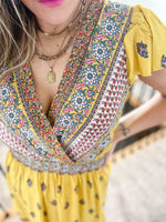 Yellow Boho Printed Short Sleeve Maxi Dress with Elastic Waistband
