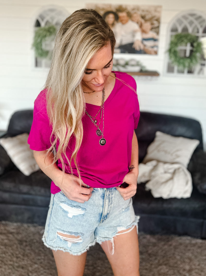 magenta  boyfriend relaxed fit tee with v-neck