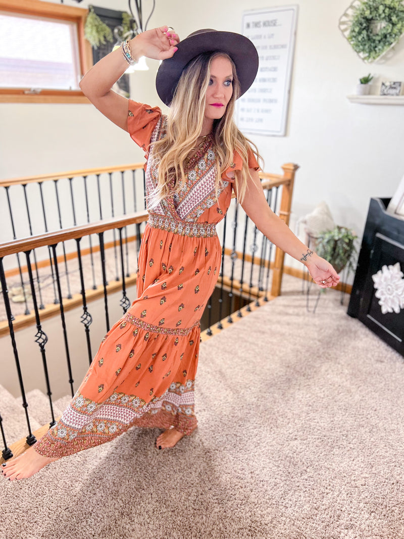Rust Boho Printed Short Sleeve Maxi Dress with Elastic Waistband