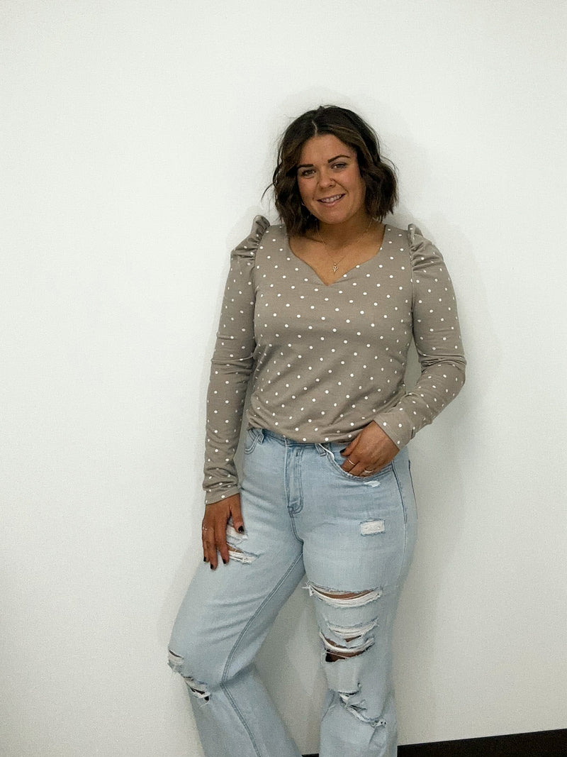 Mocha Polka Dot Long Sleeve with Puff Shoulder 