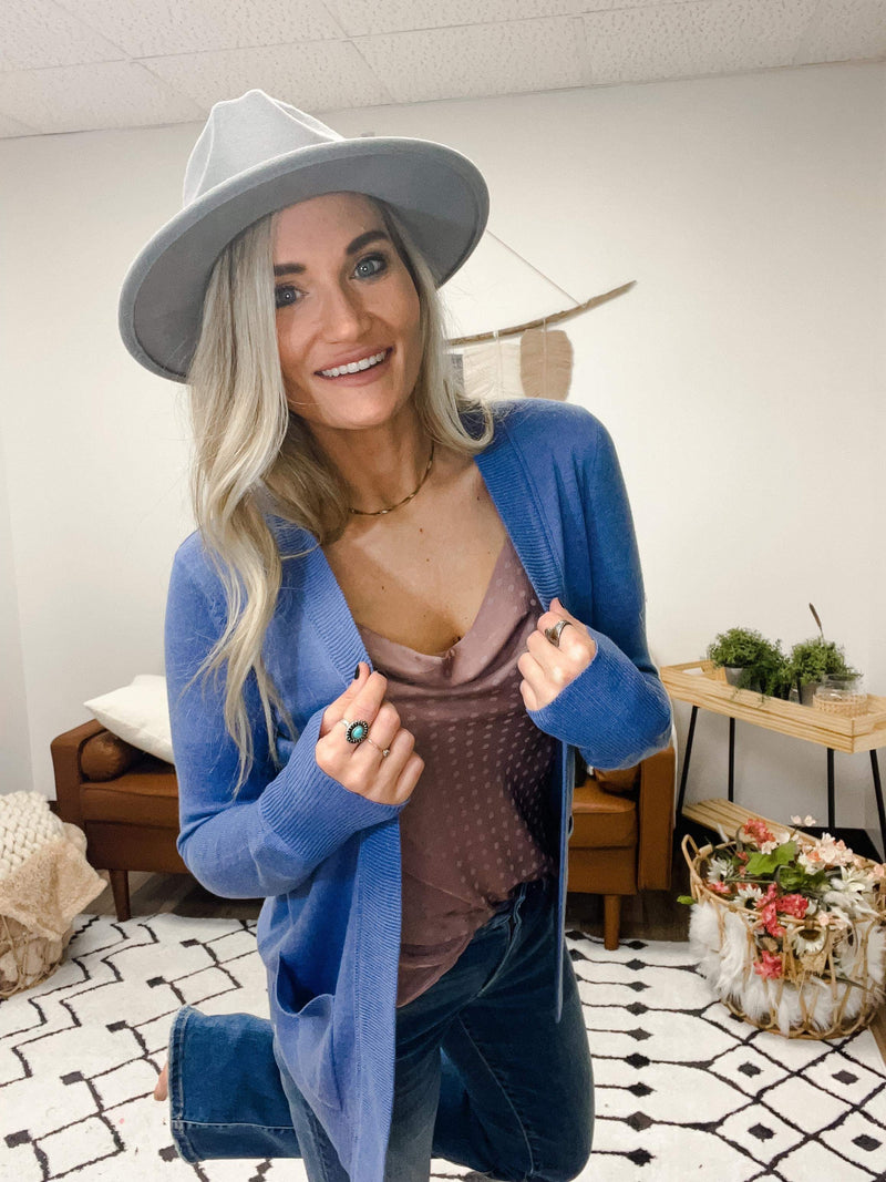 blue open front cardigan with pockets