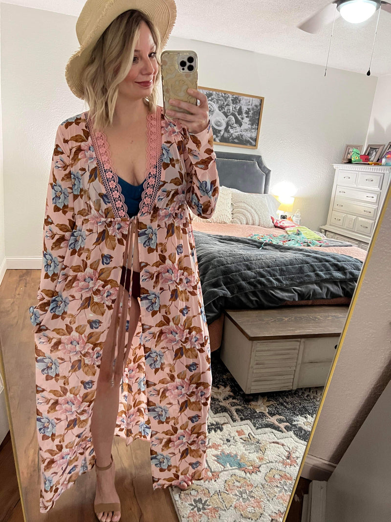 floral self tie sheer kimono pink 