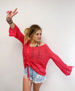 Coral light weight knit sweater with ruching front design and bell sleeves 