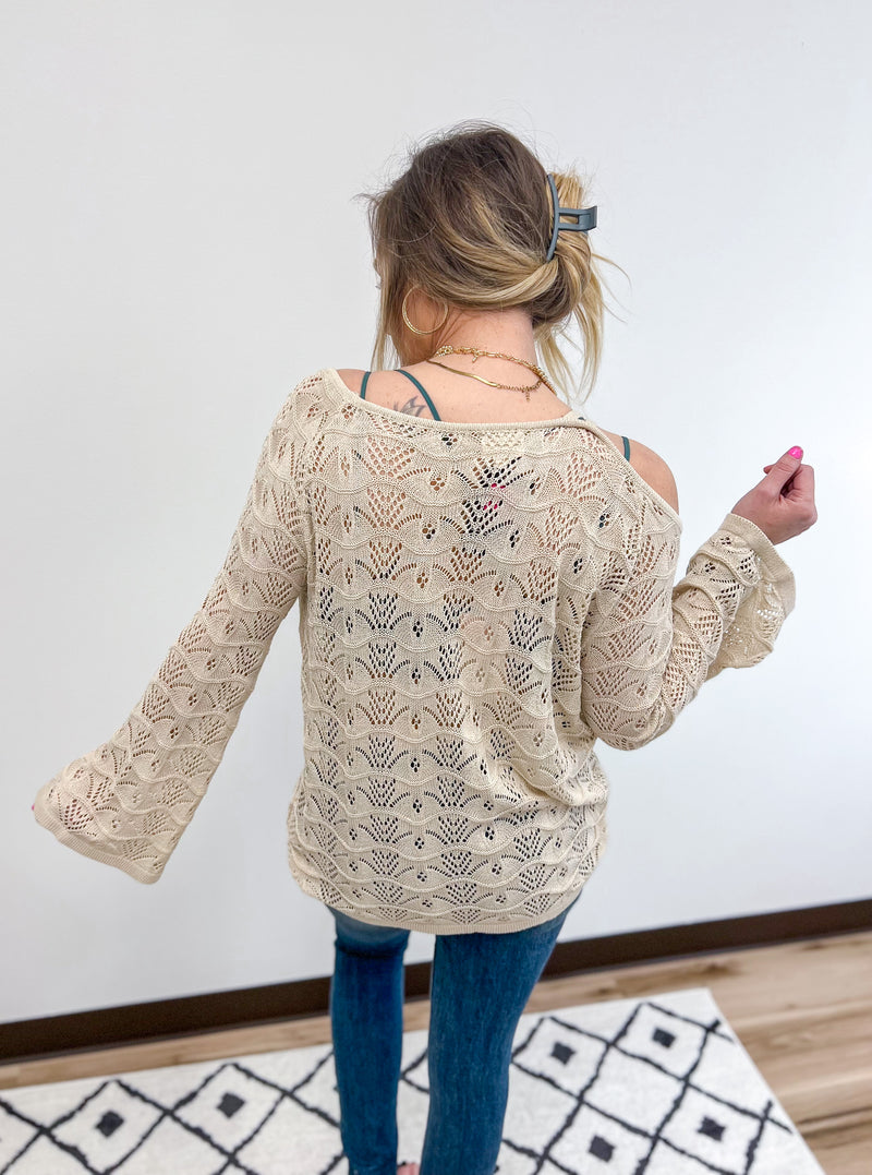 Natural Cream Color Lightweight knit sweater with front ruching detail 