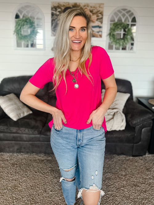 relaxed fit tunic length tee in fuchsia